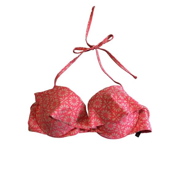 Aerie Pink Floral Geometric Pattern Ruffle bikini Underwire Pushup Top 34C - Picture 1 of 3